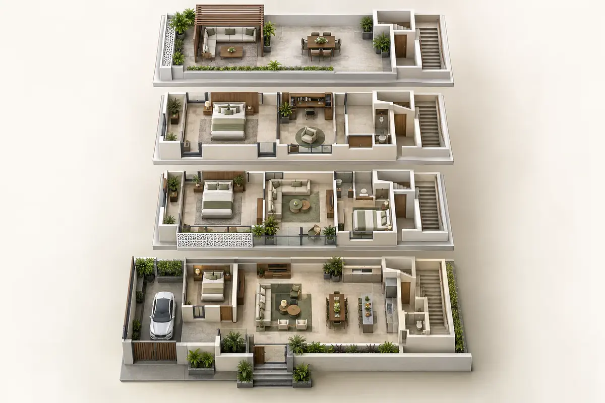 Isometric concept floor plan of a multi-floor villa